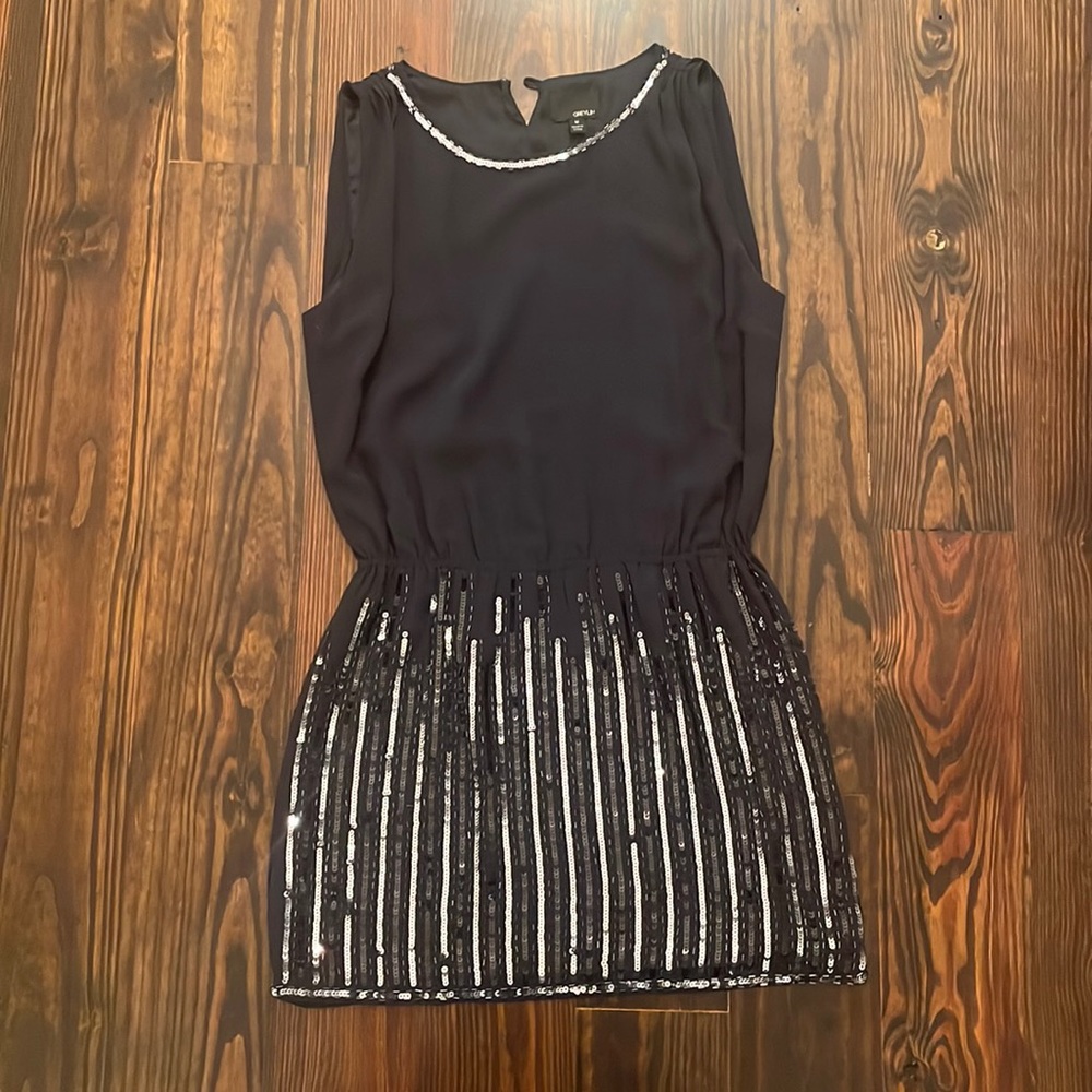 Greylin navy chiffon dress with sequin beading